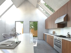 Spacious open-plan kitchen with a bar counter, modern modular stools, built in wooden cabinets and appliances in a high volume house with skylights